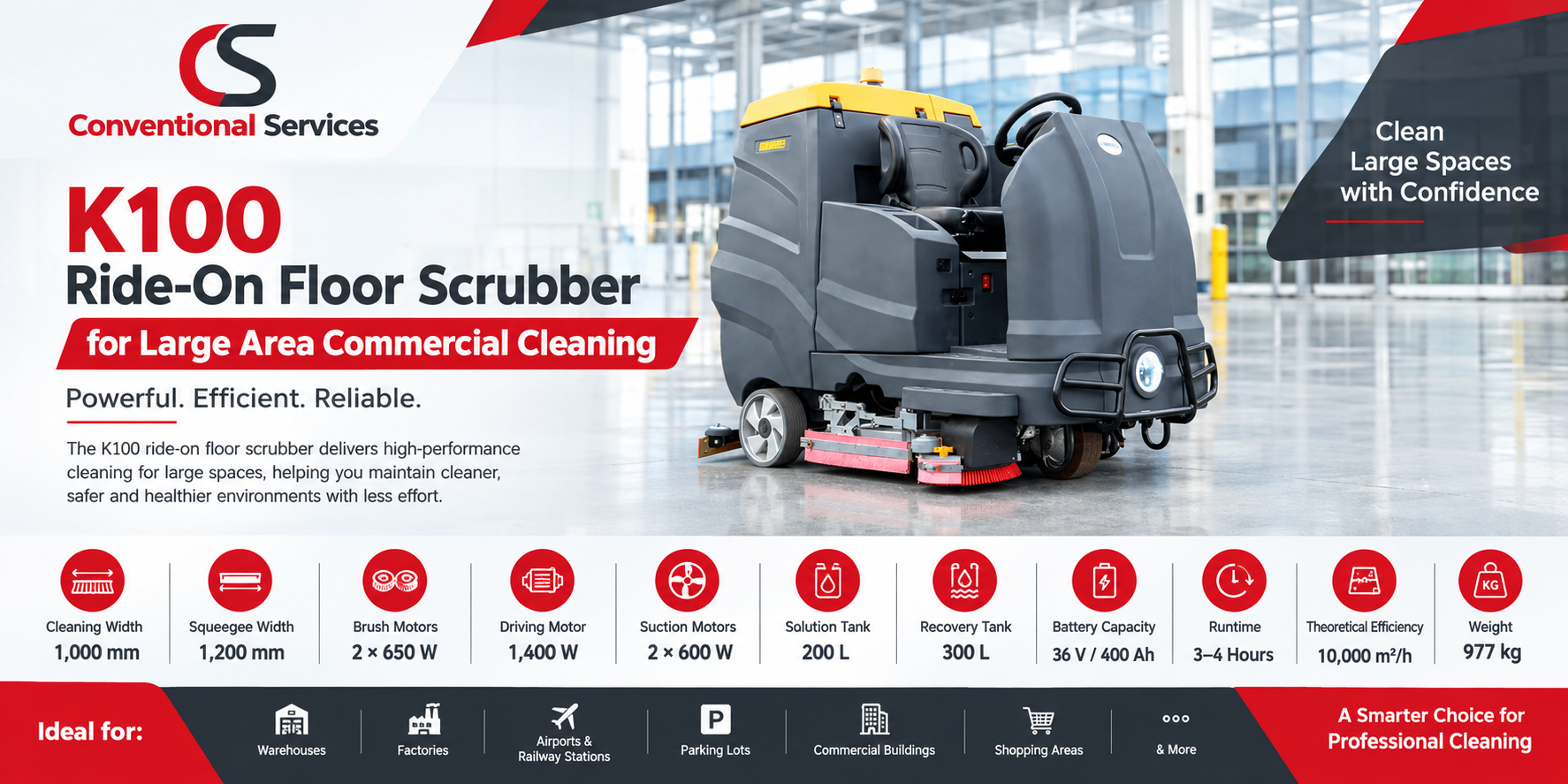 K100 Ride On Floor Scrubber For Large Area Commercial Cleaning